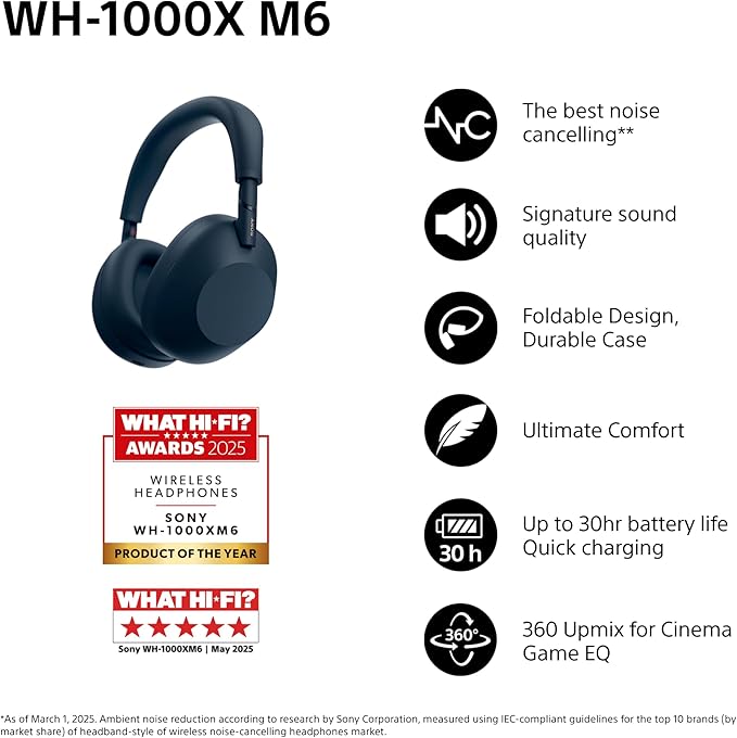 Sony WH-1000XM6 Flagship Noise Cancelling Over-Ear Wireless Bluetooth Headphones, Signature Hi-Res Sound, Ultimate Comfort, Foldable Design, Durable Case, 30 HR Battery, iOS & Android