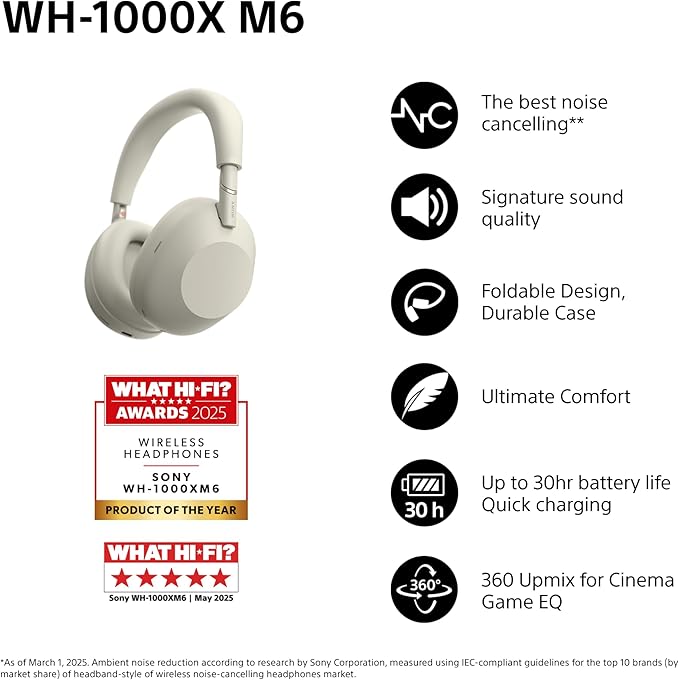Sony WH-1000XM6 Flagship Noise Cancelling Over-Ear Wireless Bluetooth Headphones, Signature Hi-Res Sound, Ultimate Comfort, Foldable Design, Durable Case, 30 HR Battery, iOS & Android