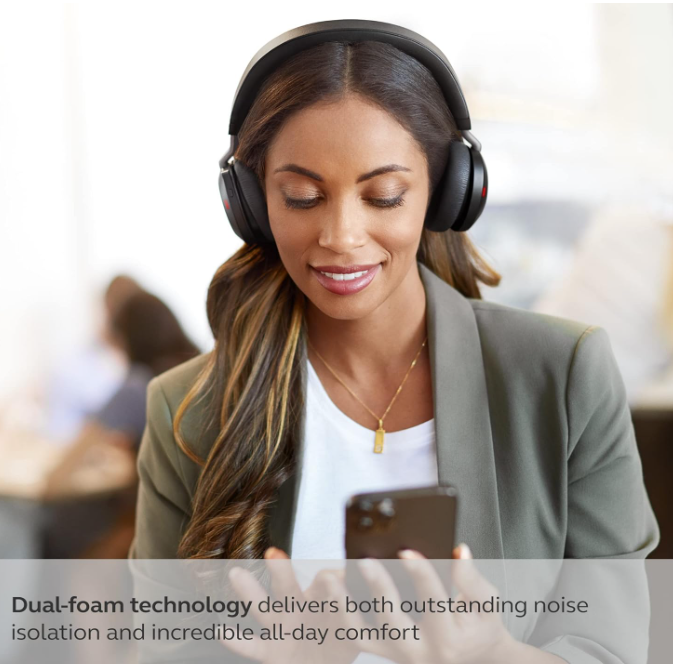 Sendrataj Aŭdiloj Jabra Evolve2 75 por komputilo kun 8-mikrofona teknologio - Duoblaj ŝaŭmaj stereaj aŭdiloj kun alĝustigebla progresinta aktiva bruo-nuligo, USB-C Bluetooth-adaptilo kaj UC-kongrueco - Nigraj